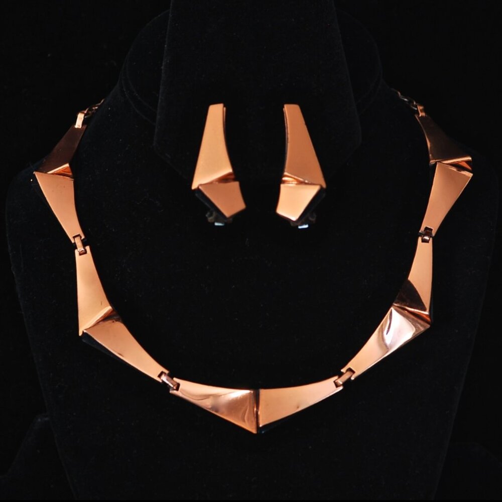 Matisse Renoir 1950's Geometric Copper Necklace & Earrings - Signed
